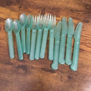 Vintage Aqua Blue Heavy Plastic Picnic Flatware Set 12 Pc Camping Utensils